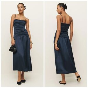 Reformation Navy Blue Ruched Midi Slip Dress